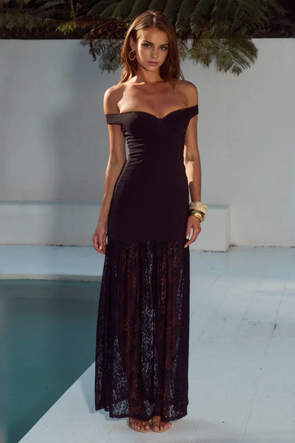 Wonderful Sheath/Column Off The Shoulder Sleeveless Lace Backless Floor-Length Prom Dress