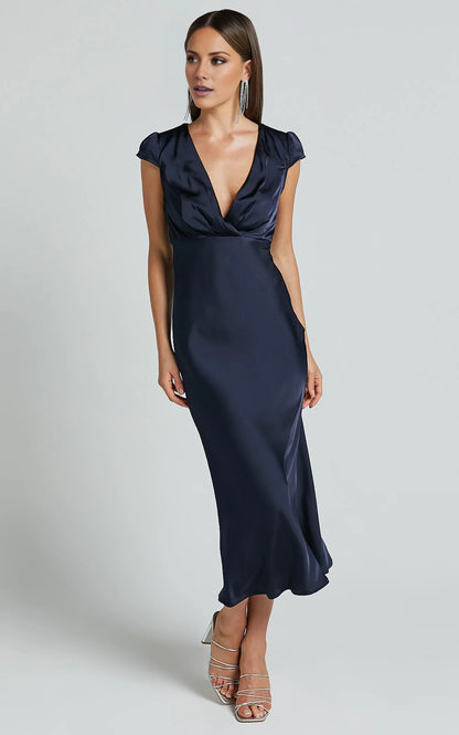 Wrap Front Cap Sleeve Satin Bias Cut Ankle-Length Dress Navy Sheath Solid Color Simple Satin Full Coverage Evening Dress