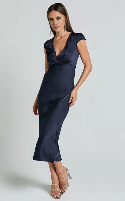 Wrap Front Cap Sleeve Satin Bias Cut Ankle-Length Dress Navy Sheath Solid Color Simple Satin Full Coverage Evening Dress