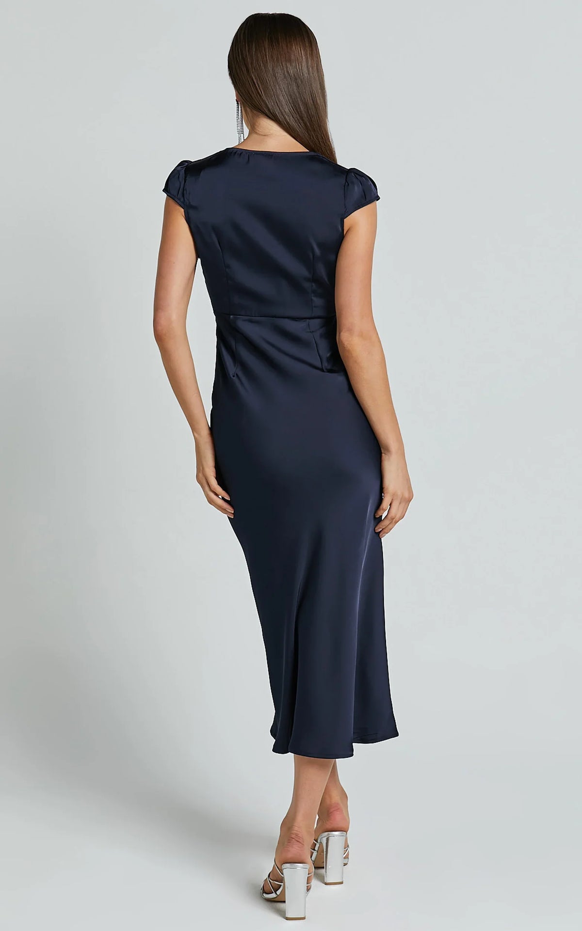 Wrap Front Cap Sleeve Satin Bias Cut Ankle-Length Dress Navy Sheath Solid Color Simple Satin Full Coverage Evening Dress