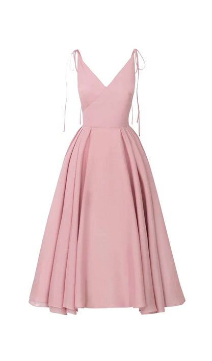 V-neck Lace Up Shoulder Strap Pink Thin Prom Dress