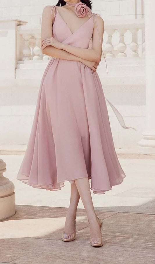 V-neck Lace Up Shoulder Strap Pink Thin Prom Dress