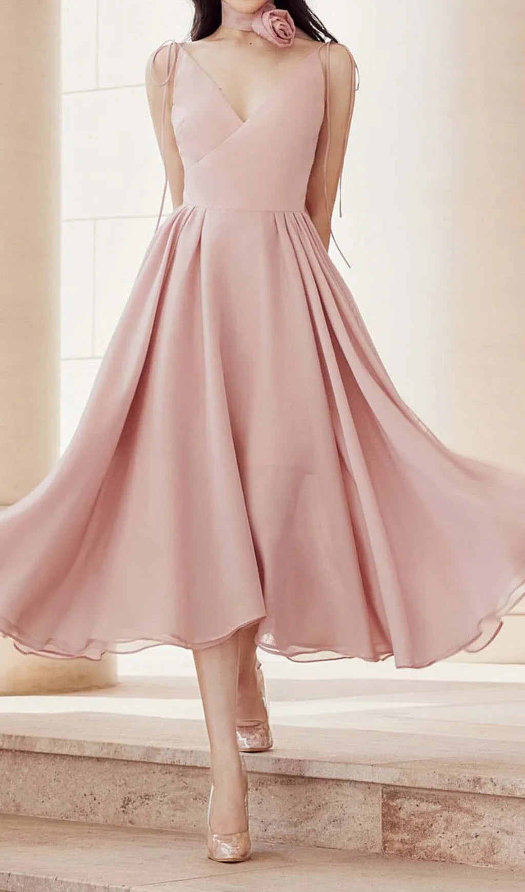 V-neck Lace Up Shoulder Strap Pink Thin Prom Dress
