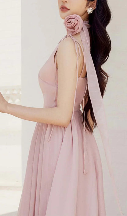 V-neck Lace Up Shoulder Strap Pink Thin Prom Dress