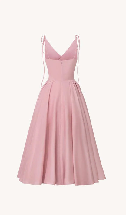 V-neck Lace Up Shoulder Strap Pink Thin Prom Dress