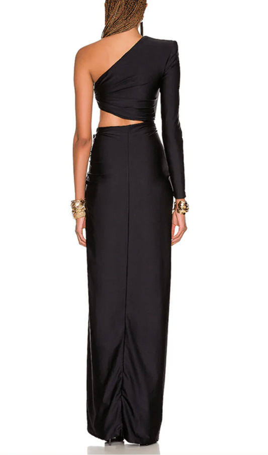 One Shoulder Floor Length Dew Waist Prom Dress With Slit