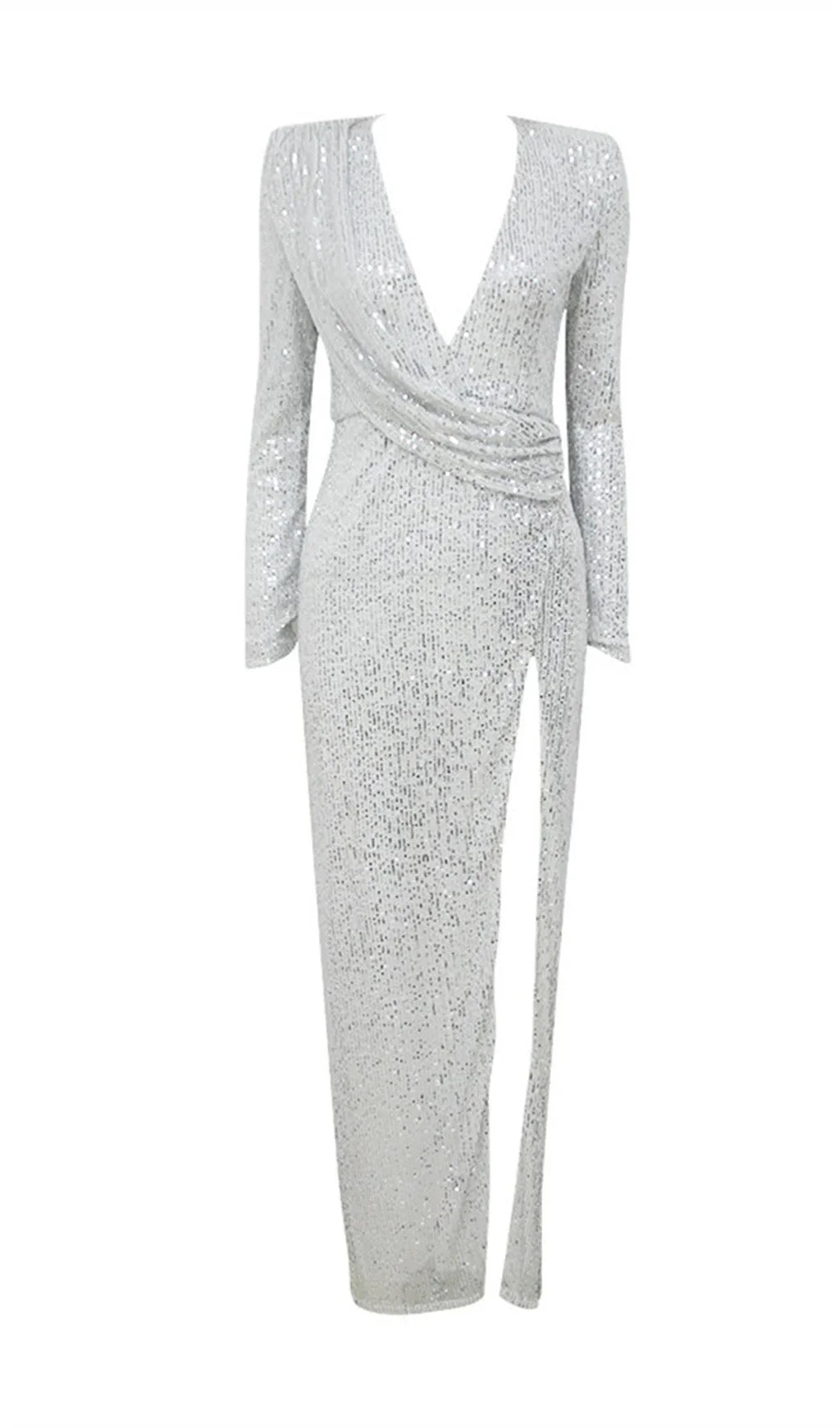 Silver Sequined V-neck Long Prom Dress