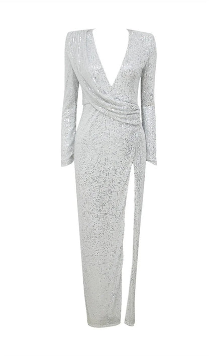 Silver Sequined V-neck Long Prom Dress