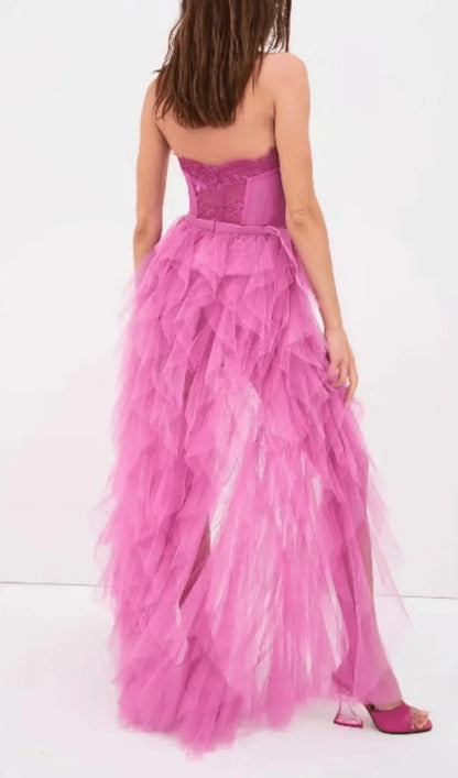 Pink Strapless Lace Patchwork Mesh Prom Dress