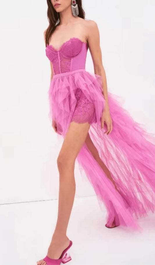 Pink Strapless Lace Patchwork Mesh Prom Dress
