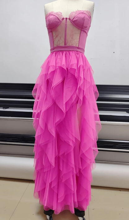 Pink Strapless Lace Patchwork Mesh Prom Dress