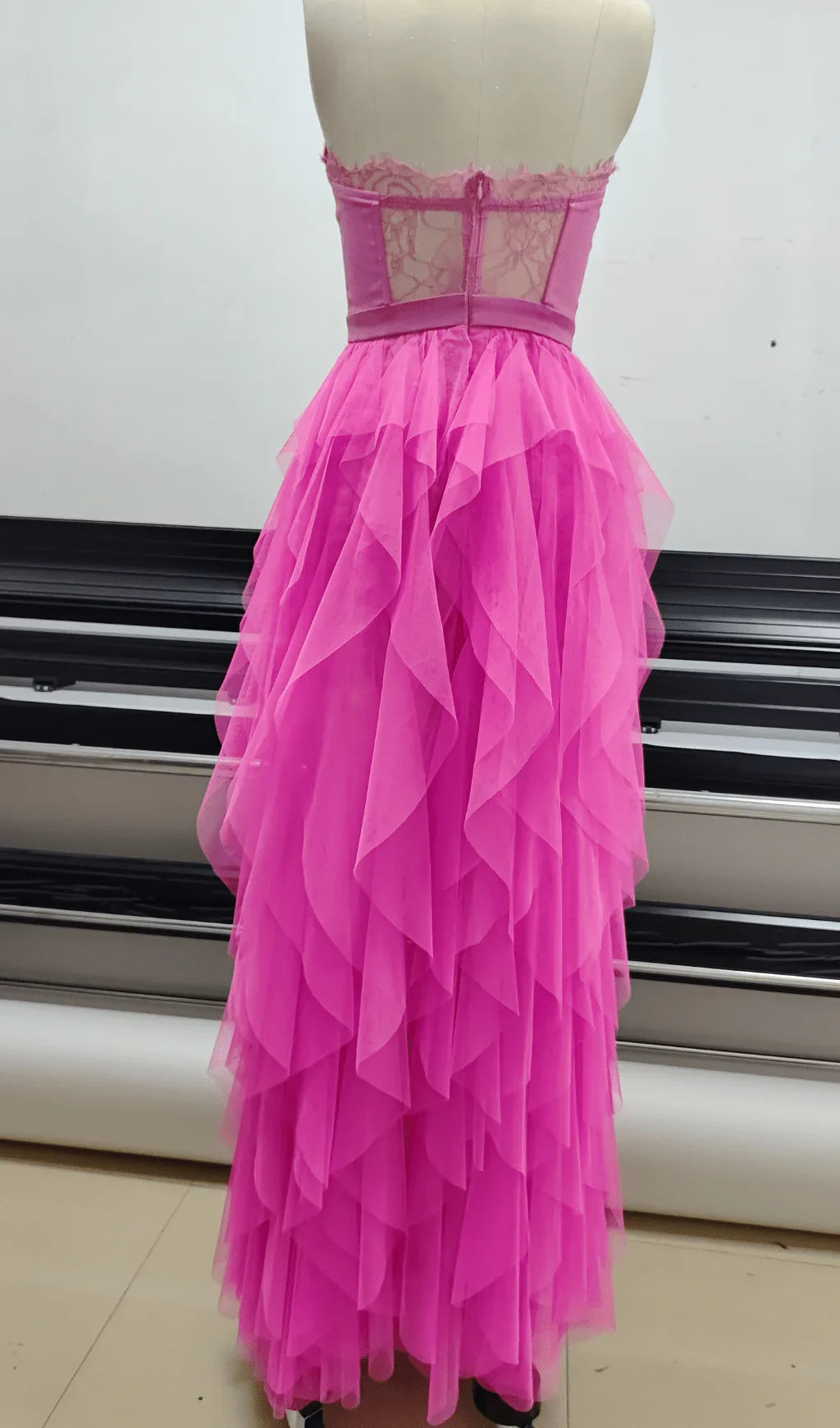 Pink Strapless Lace Patchwork Mesh Prom Dress
