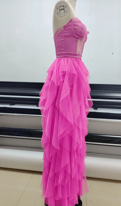 Pink Strapless Lace Patchwork Mesh Prom Dress