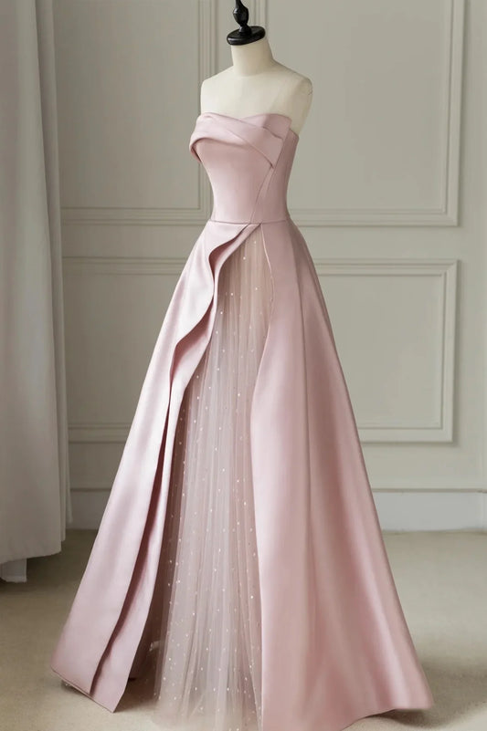 Pink Strapless Satin Floor Length Prom Dress