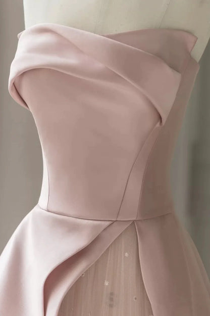 Pink Strapless Satin Floor Length Prom Dress