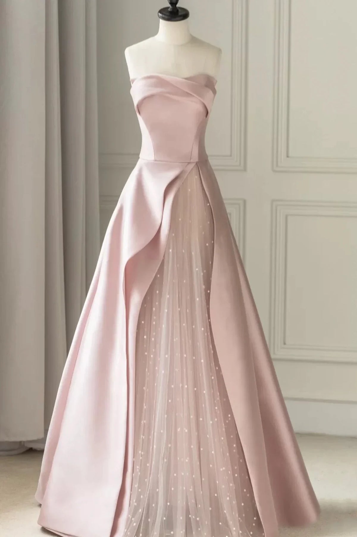 Pink Strapless Satin Floor Length Prom Dress