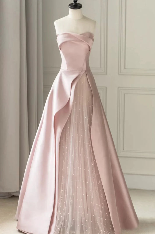 Pink Strapless Satin Floor Length Prom Dress
