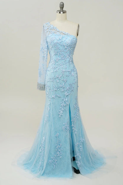 One-Shoulder Sky Blue Mermaid Prom Dress With Applique