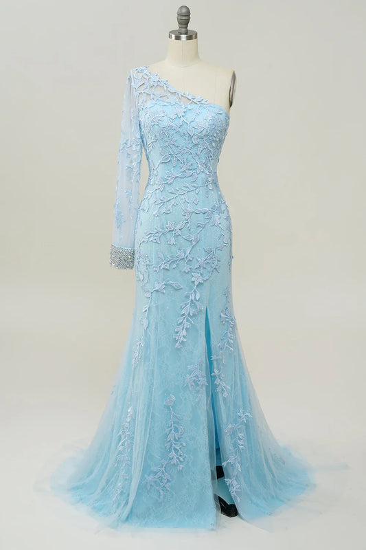 One-Shoulder Sky Blue Mermaid Prom Dress With Applique