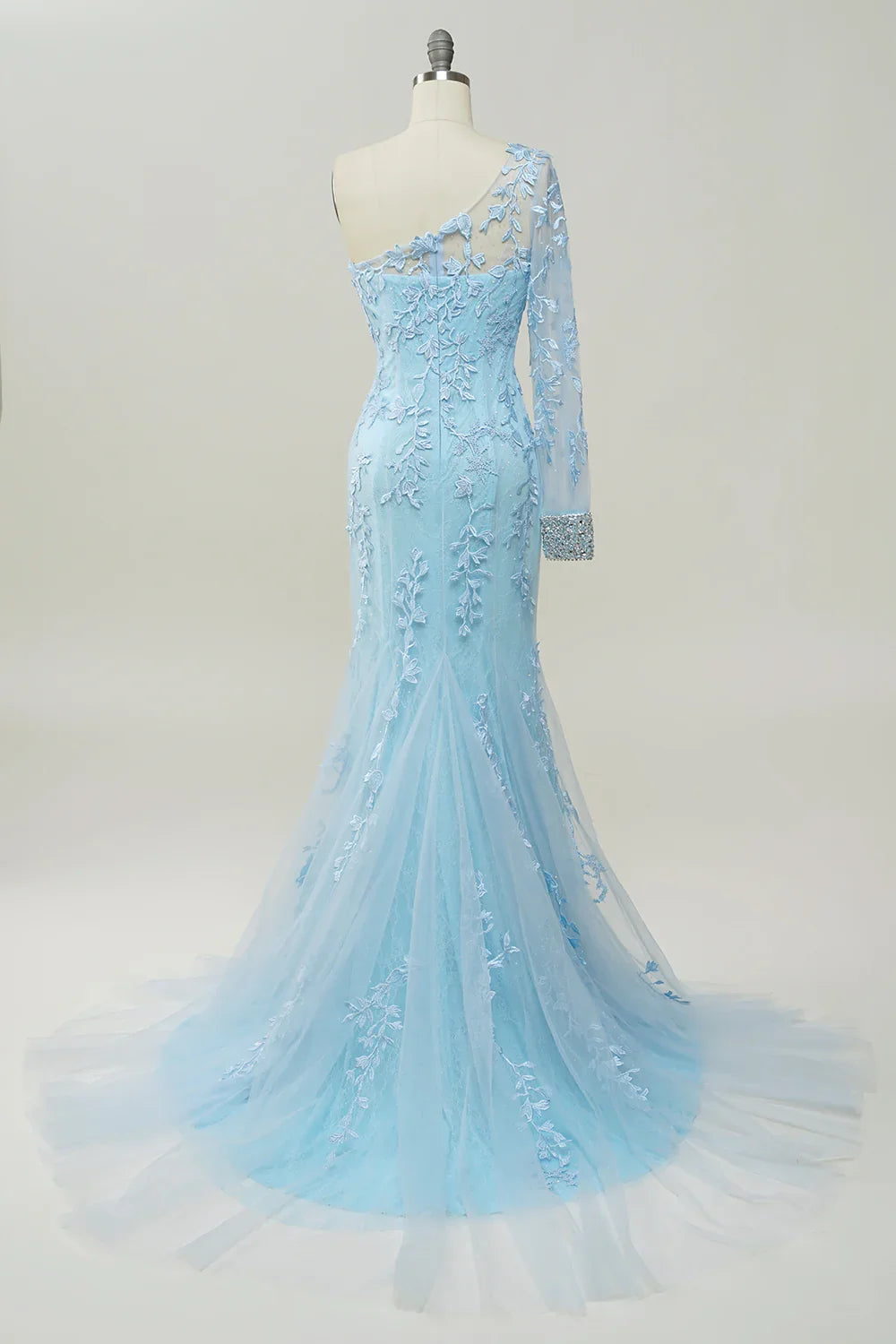 One-Shoulder Sky Blue Mermaid Prom Dress With Applique