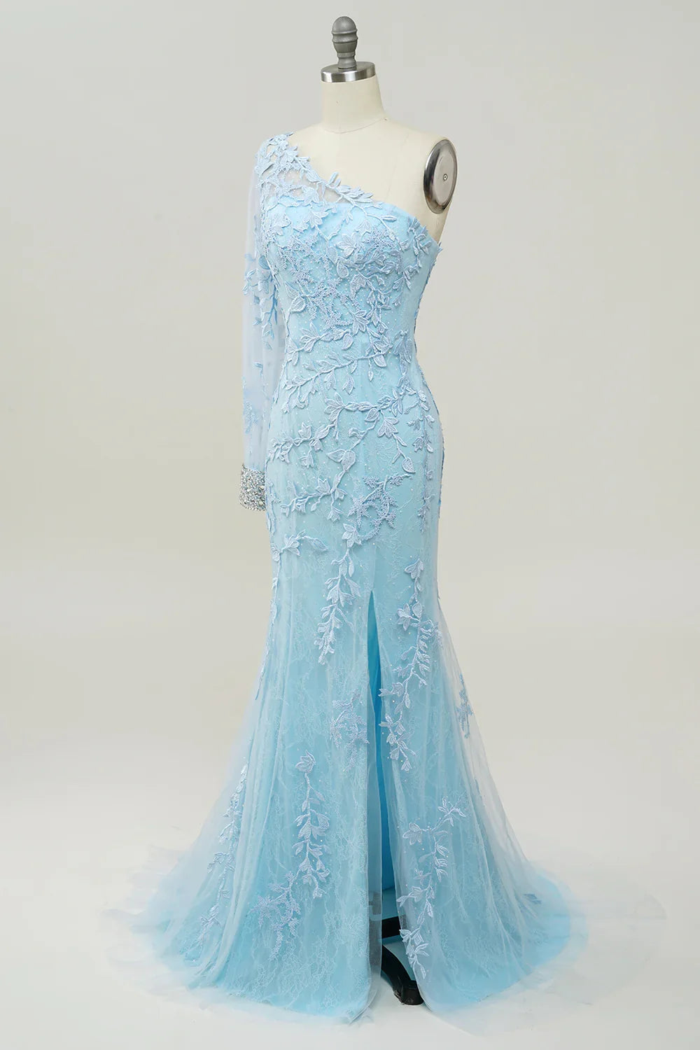 One-Shoulder Sky Blue Mermaid Prom Dress With Applique