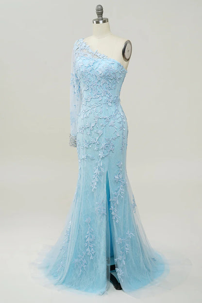 One-Shoulder Sky Blue Mermaid Prom Dress With Applique