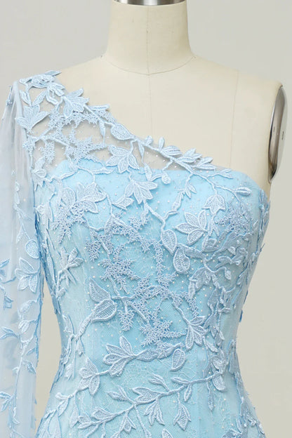 One-Shoulder Sky Blue Mermaid Prom Dress With Applique