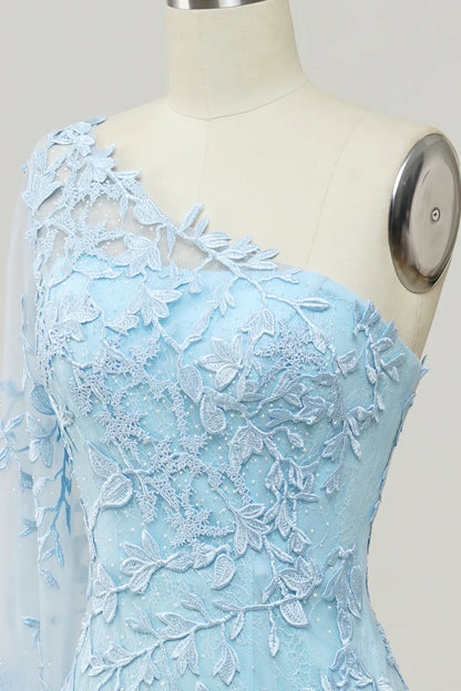 One-Shoulder Sky Blue Mermaid Prom Dress With Applique