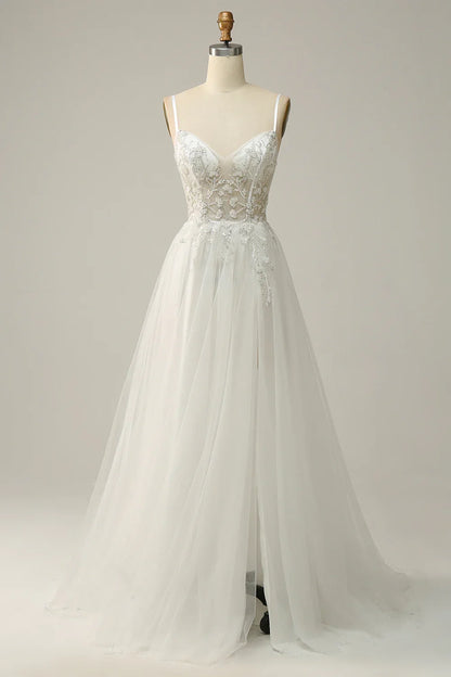 A Line Spaghetti Straps White Tulle Prom Dress With Beading