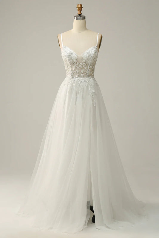 A Line Spaghetti Straps White Tulle Prom Dress With Beading