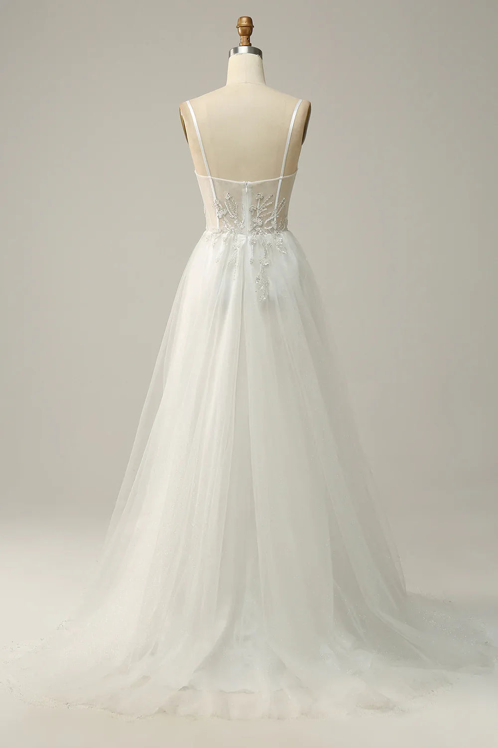 A Line Spaghetti Straps White Tulle Prom Dress With Beading