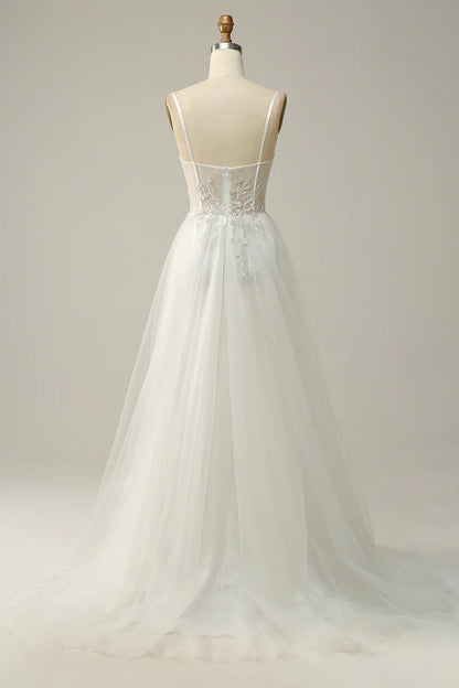A Line Spaghetti Straps White Tulle Prom Dress With Beading