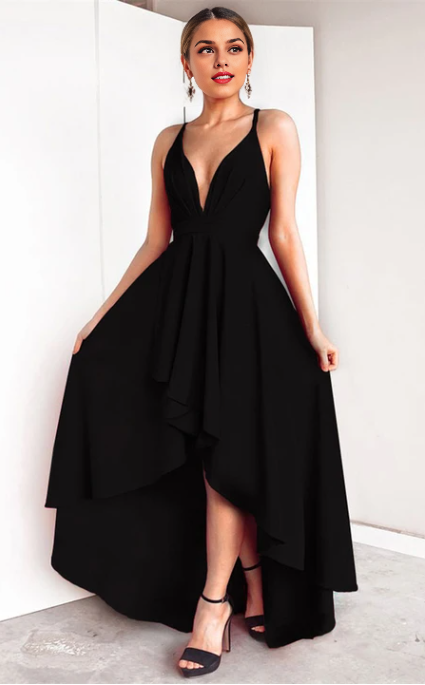 Dress Black High-Low Sexy A Line Plunging Neck Evening Dress Prom Dress Formal Wear Dresses