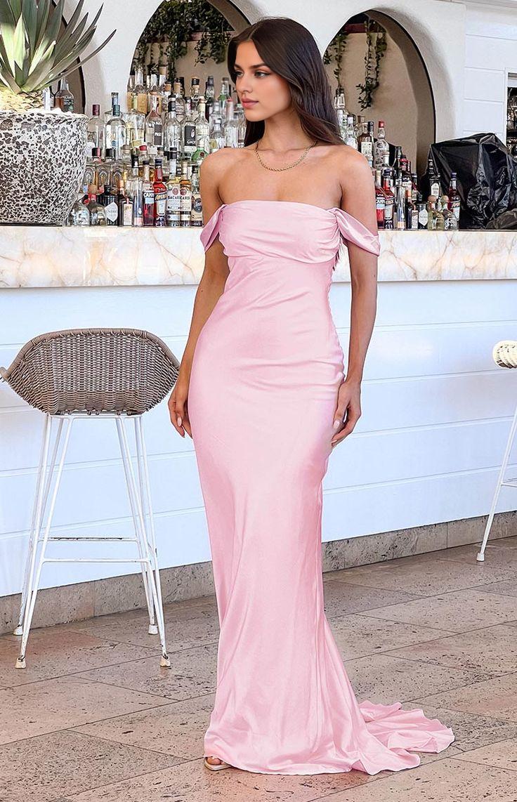 Dress Mermaid Off The Shoulder Floor-length Satin Pink Evening Dress Prom Dresses