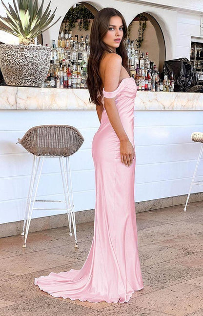 Dress Mermaid Off The Shoulder Floor-length Satin Pink Evening Dress Prom Dresses