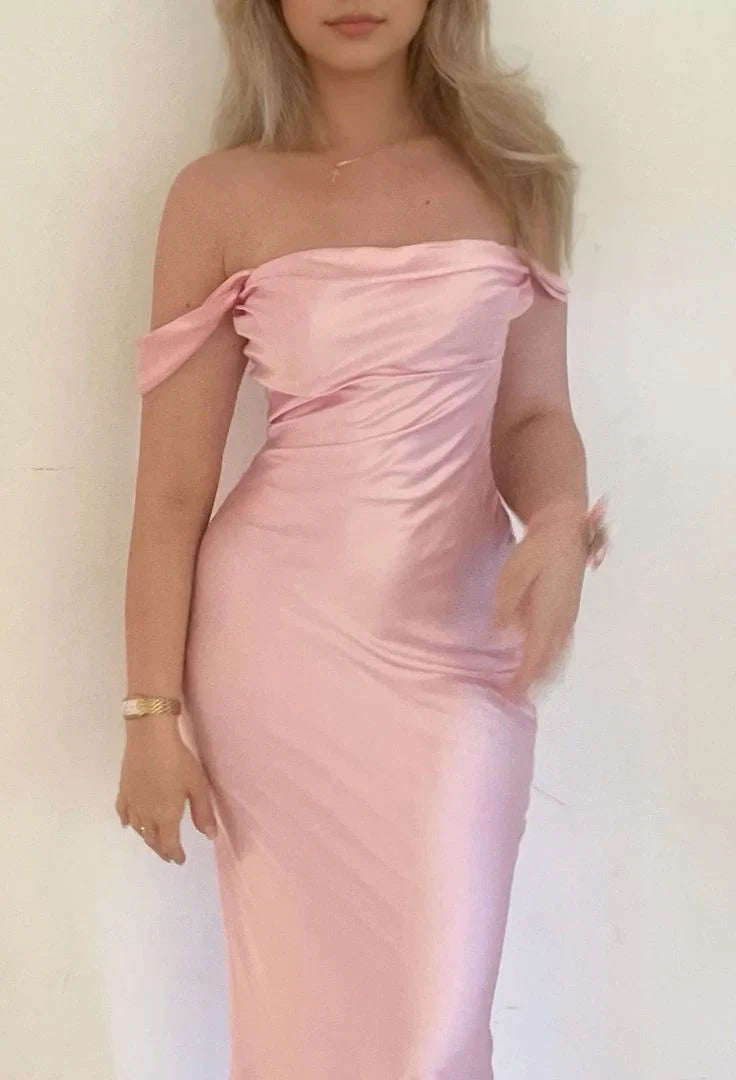 Dress Mermaid Off The Shoulder Floor-length Satin Pink Evening Dress Prom Dresses