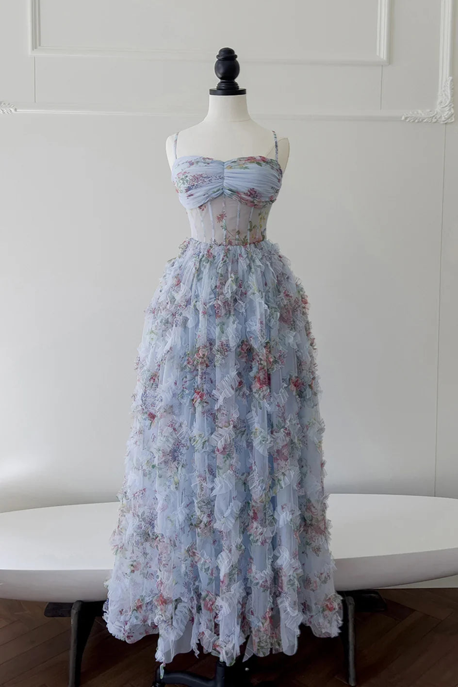 Dress Spaghetti Straps Blue Floral Print Ruched Long Dress Prom Dress