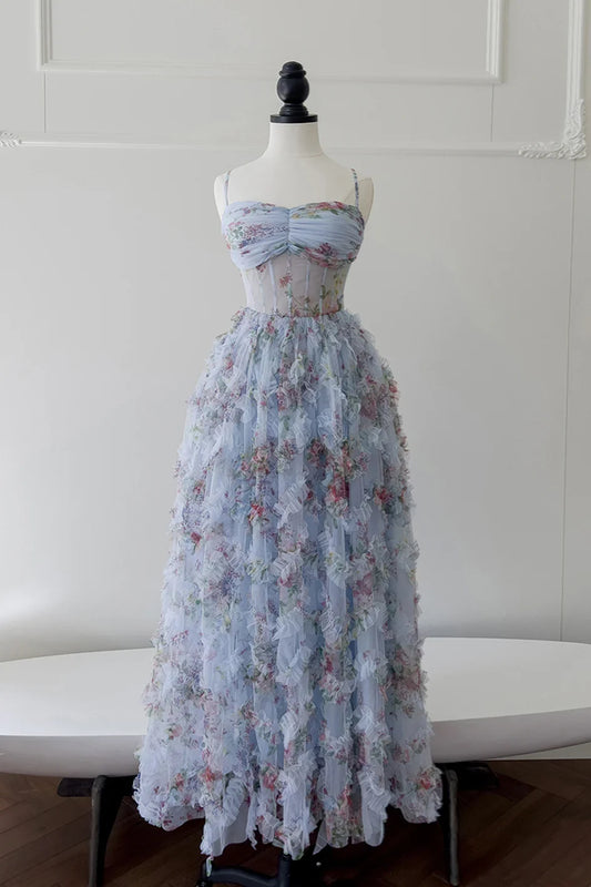 Dress Spaghetti Straps Blue Floral Print Ruched Long Dress Prom Dress