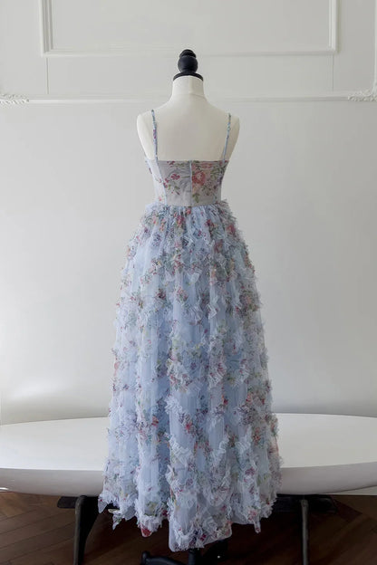 Dress Spaghetti Straps Blue Floral Print Ruched Long Dress Prom Dress