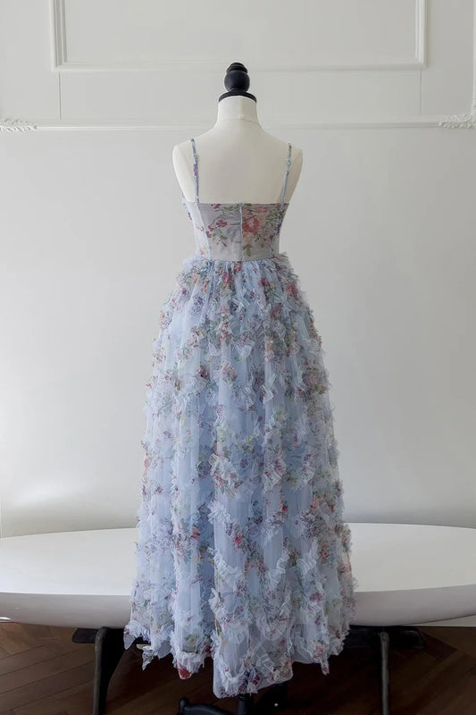 Dress Spaghetti Straps Blue Floral Print Ruched Long Dress Prom Dress