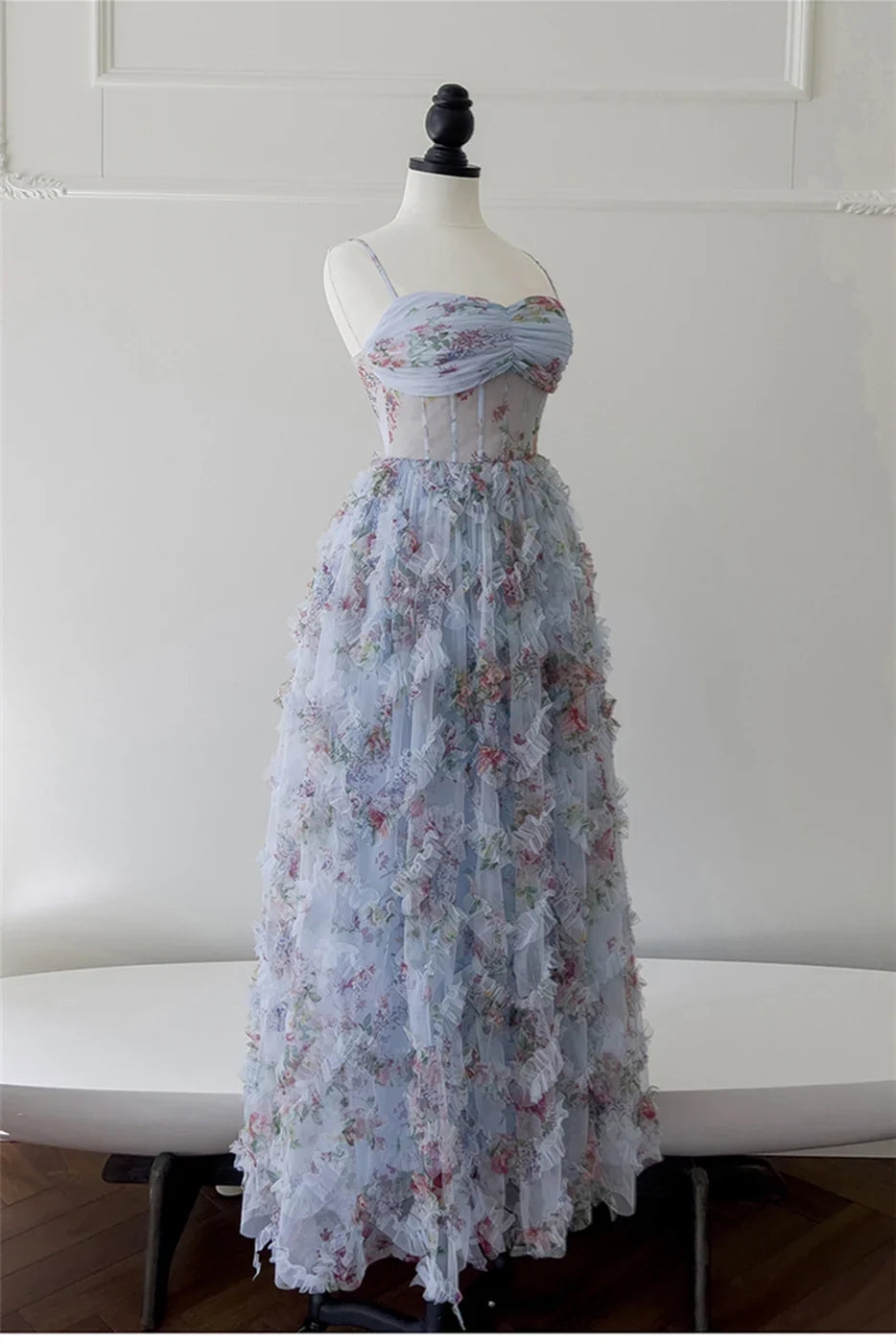 Dress Spaghetti Straps Blue Floral Print Ruched Long Dress Prom Dress