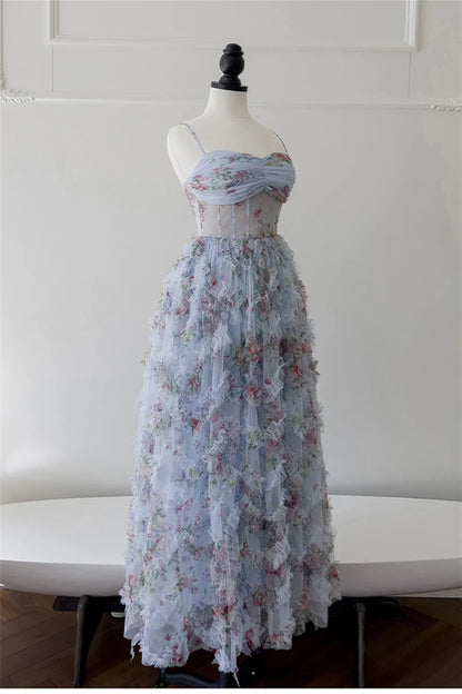 Dress Spaghetti Straps Blue Floral Print Ruched Long Dress Prom Dress