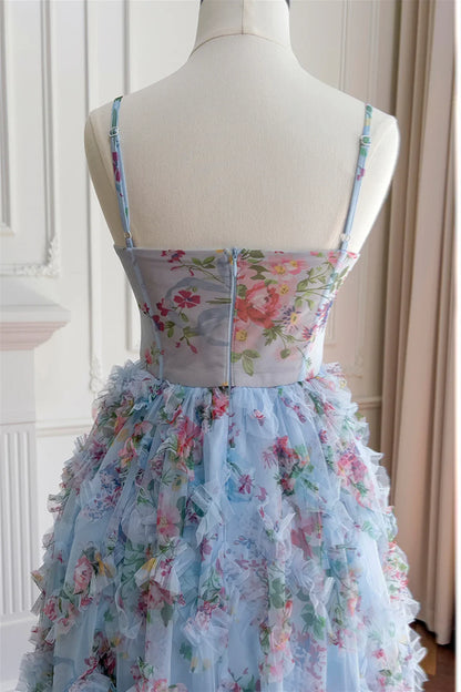 Dress Spaghetti Straps Blue Floral Print Ruched Long Dress Prom Dress