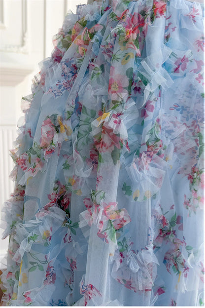 Dress Spaghetti Straps Blue Floral Print Ruched Long Dress Prom Dress