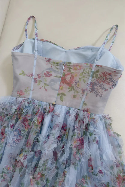 Dress Spaghetti Straps Blue Floral Print Ruched Long Dress Prom Dress