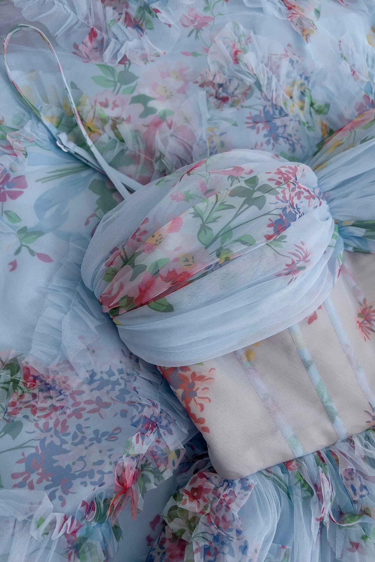 Dress Spaghetti Straps Blue Floral Print Ruched Long Dress Prom Dress