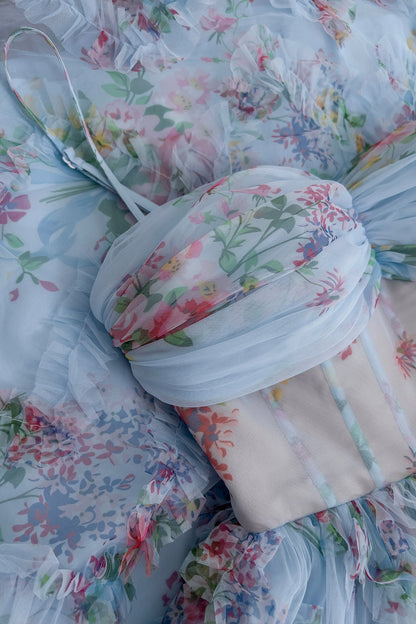 Dress Spaghetti Straps Blue Floral Print Ruched Long Dress Prom Dress