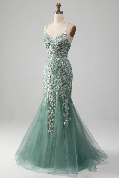 Mermaid Lace-Up Back Prom Party Dresses With Appliques