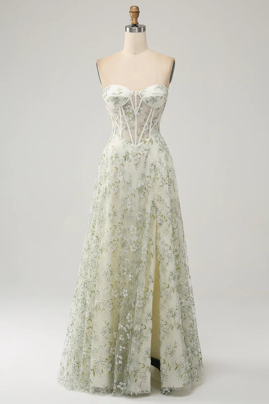 A-Line Corset Evening Dress with Embroidery