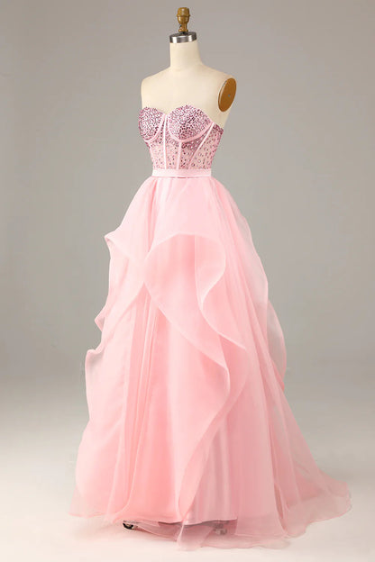 Princess A Line Sweetheart Black Corset Prom Dress with Beding